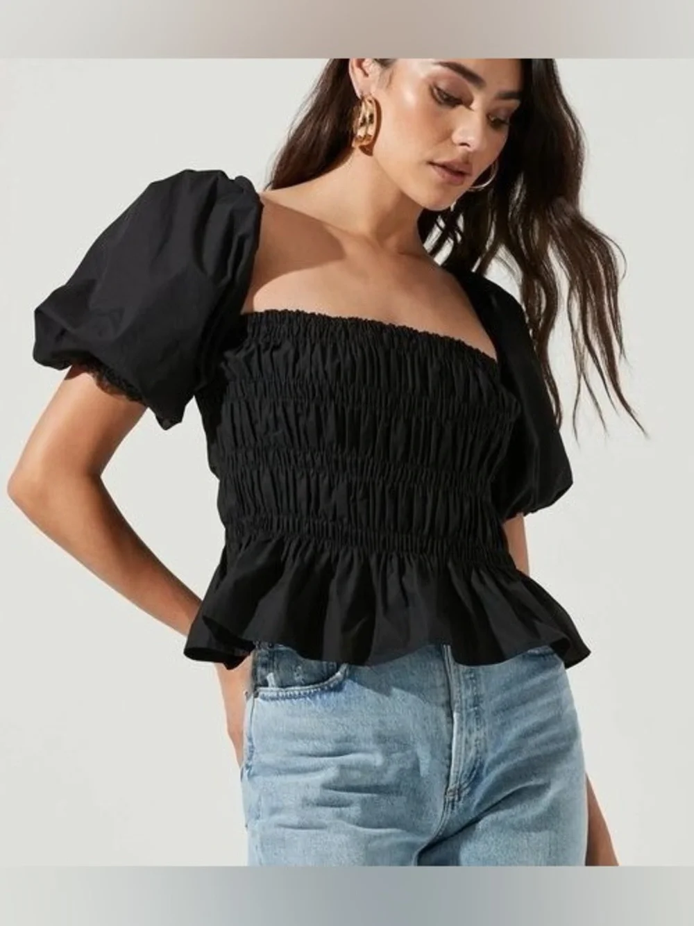 ASTR The Label Black Puff-Sleeve Smocked Peplum Top